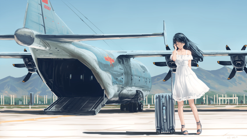 1girl aircraft airplane arm_behind_back bare_shoulders black_hair blue_sky closed_eyes day dress hallelujah_zeng hand_in_hair highres long_hair military military_vehicle mountain original outdoors people's_liberation_army_air_force rolling_suitcase sandals shaanxi_y-9 sky smile solo sundress white_dress wind