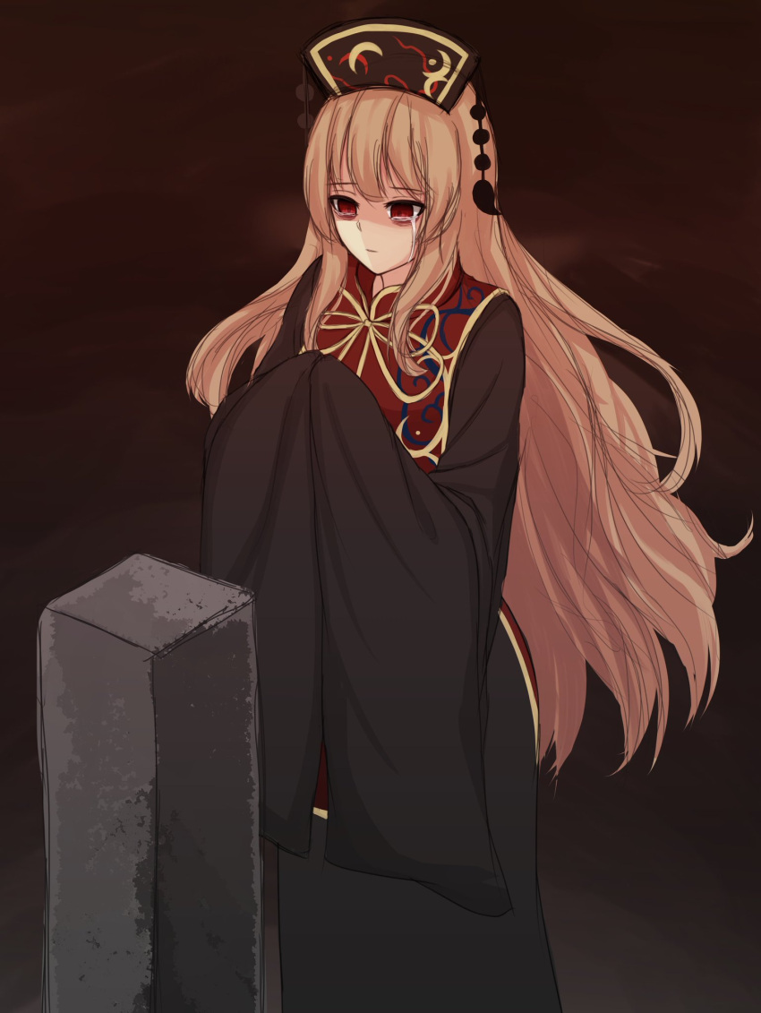 1girl bangs black_dress blonde_hair chinese_clothes closed_mouth crescent crying crying_with_eyes_open dress empty_eyes hands_in_sleeves highres junko_(touhou) long_hair long_sleeves ozu_(agito100001) red_eyes sash solo standing tabard tears tombstone touhou very_long_hair wide_sleeves