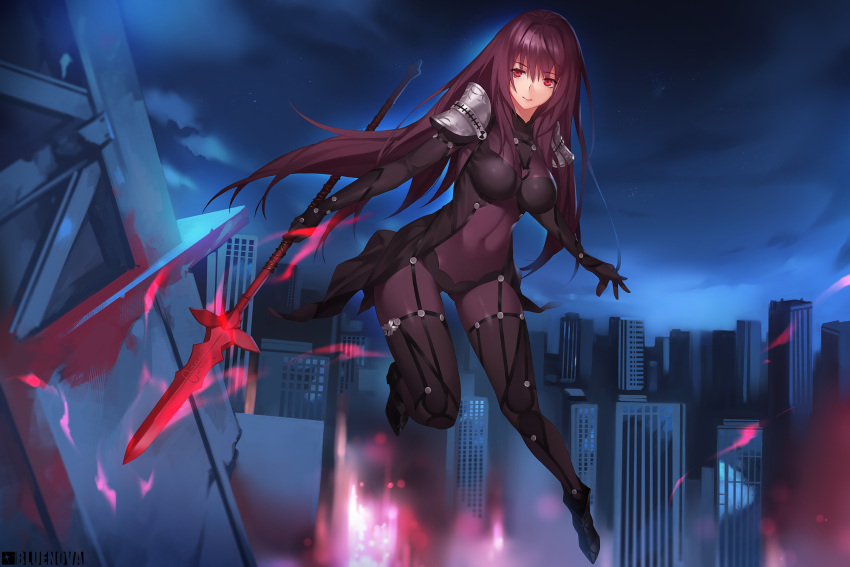1girl armor bodysuit breasts city covered_navel fate/grand_order fate_(series) gae_bolg highres holding holding_weapon large_breasts long_hair purple_hair red_eyes scathach_(fate/grand_order) shoulder_armor solo very_long_hair weapon yykuaixian