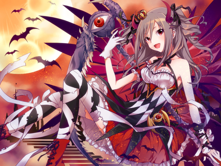 1girl :d bandage bare_shoulders bat blush breasts cleavage crown dress drill_hair full_moon gloves gothic_lolita grey_hair hair_ribbon horns idolmaster idolmaster_cinderella_girls kanzaki_ranko lolita_fashion long_hair mini_crown moon open_mouth red_eyes ribbon scythe smile solo tsukasa_kinako twin_drills two_side_up wings