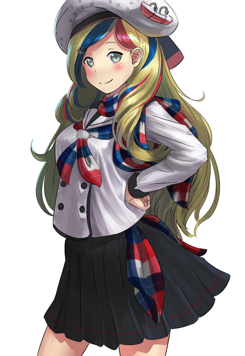 1girl ao_iro beret blonde_hair blue_eyes blue_hair breasts commandant_teste_(kantai_collection) hand_on_hip hat highres kantai_collection large_breasts long_hair looking_at_viewer matching_hair/eyes multicolored_hair redhead scarf skirt smile solo streaked_hair wavy_hair