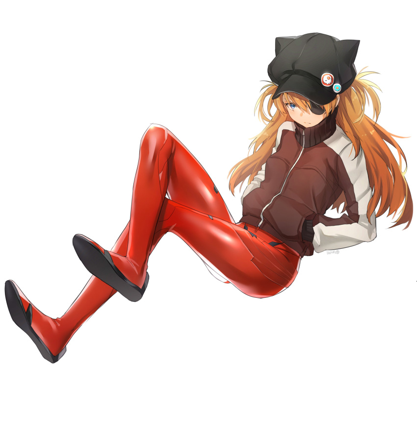 1girl absurdres animal_hat badge blue_eyes bodysuit closed_mouth evangelion:_3.0_you_can_(not)_redo eyepatch full_body hands_in_pockets hat hieung highres jacket legs_crossed long_hair looking_at_viewer neon_genesis_evangelion one_eye_covered orange_hair pilot_suit plugsuit rebuild_of_evangelion red_bodysuit scowl skin_tight solo souryuu_asuka_langley track_jacket white_background zipper
