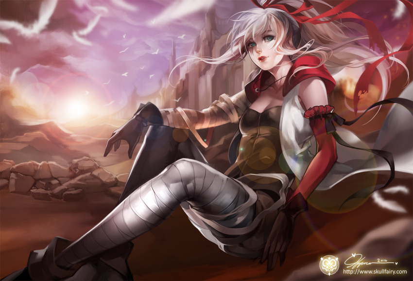 1girl aqua_eyes asymmetrical_clothes bandage boots breasts cleavage facial_scar gloves hair_ribbon jewelry lips lipstick long_hair makeup na_young_lee necklace original ponytail red_lipstick ribbon scar signature solo vest watermark white_hair