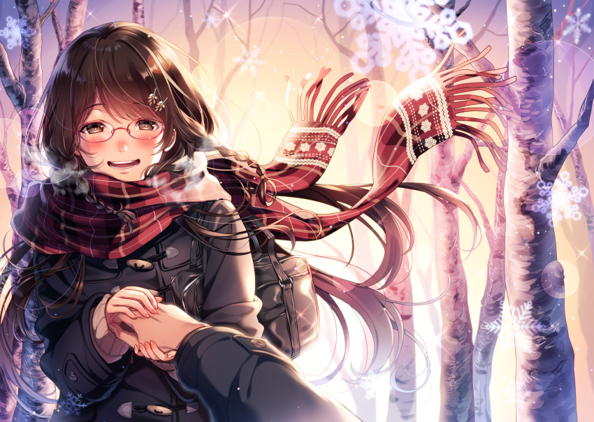1girl :d bag bangs bare_tree black_coat blush braid breath brown_eyes buttons cold cut_(bu-kunn) enpera eyebrows_visible_through_hair fingernails floating_hair fringe glasses hair_ornament hairclip half-closed_eyes happy highres holding_hand lens_flare light_particles long_hair long_sleeves looking_at_viewer open_mouth original outdoors plaid plaid_scarf pov pov_hands red-framed_eyewear red_scarf scarf school_bag shoulder_bag side_braid sleeves_past_wrists smile snowflakes snowing solo_focus sparkle sweater swept_bangs tree twin_braids upper_body winter winter_clothes