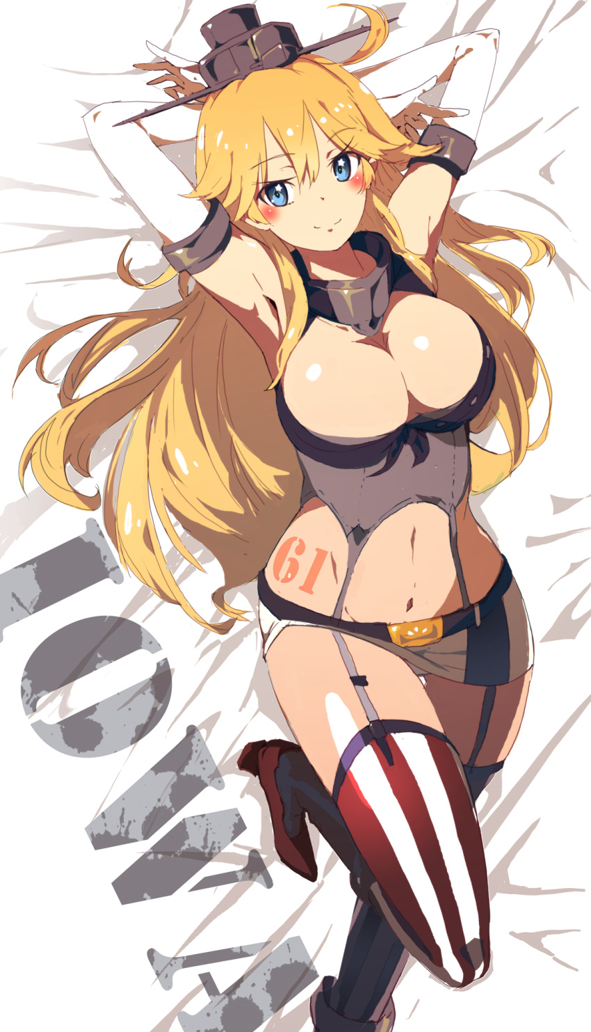 1girl blonde_hair blue_eyes breasts character_name cleavage elbow_gloves fingerless_gloves front-tie_top garter_straps gloves hair_between_eyes headgear highres iowa_(kantai_collection) kantai_collection looking_at_viewer lying meriken0111 miniskirt navel number on_back skirt solo star star-shaped_pupils striped symbol-shaped_pupils vertical_stripes