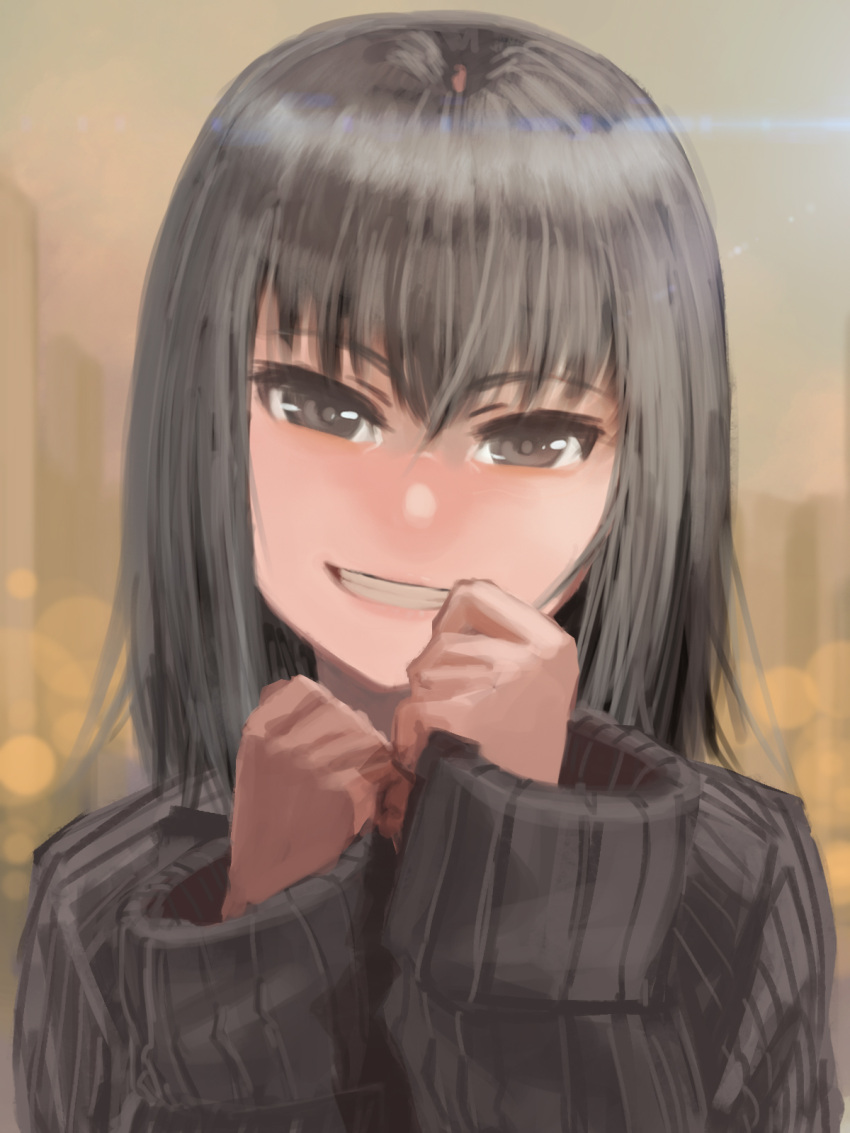 1girl black_eyes black_hair clenched_hands grin hands_up head_tilt hettsuaa highres lens_flare long_hair looking_at_viewer original portrait ribbed_sweater sketch sleeves_past_wrists smile solo sweater