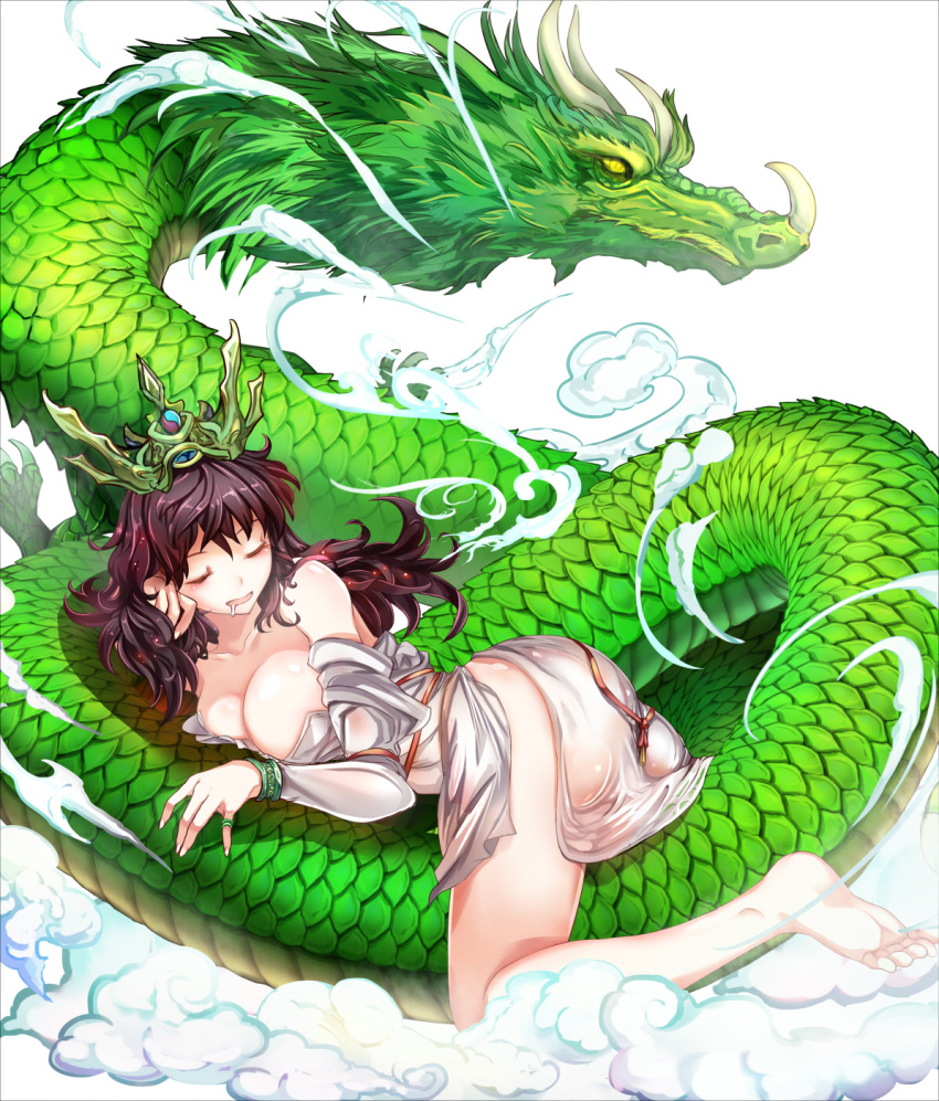 1girl ass barefoot bracelet breasts brown_hair closed_eyes crown dragon eastern_dragon feet highres jewelry large_breasts long_hair lying official_art on_stomach original ring sleeping solo suoni_(deeperocean) thighs