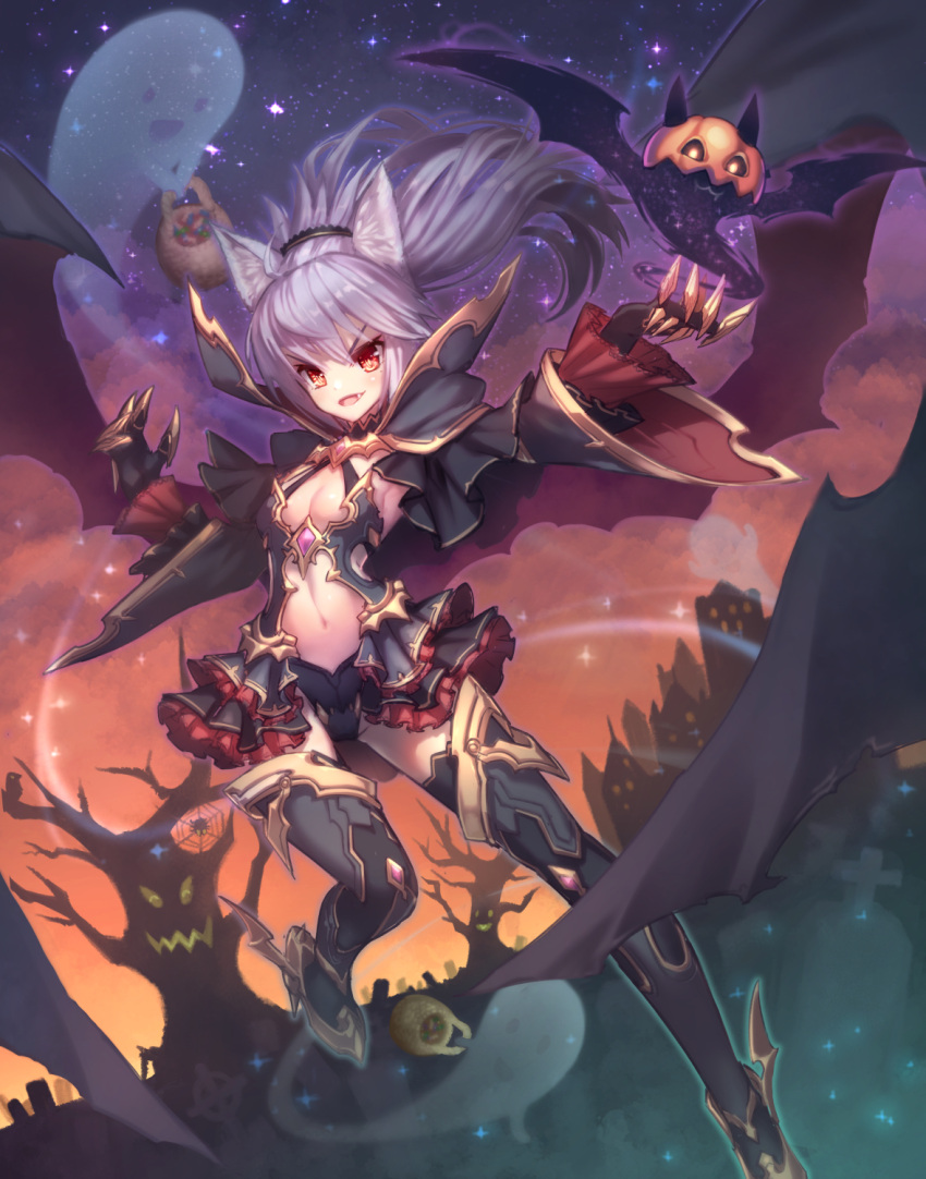 1girl animal_ears armor breasts cleavage fang frilled grey_hair halloween highres long_hair orange_eyes original small_breasts solo yellowpaint.