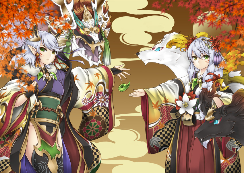 2girls absurdres black_legwear blue_eyes dragon dragon_girl dragon_horns facial_mark flower glowing glowing_eyes green_eyes hagoromo hair_flower hair_ornament heterochromia highres horns japanese_clothes jewelry kaede_(p&amp;d) kimono leaf lily_(flower) long_hair looking_at_viewer magatama maple_leaf meshida_(lux-far-accelerator) miko momiji_(p&amp;d) multiple_girls necklace obi outstretched_arm parted_lips pointy_ears puzzle_&amp;_dragons sash shawl short_hair silver_hair thigh-highs wide_sleeves wolf yamatsumi_dragon_(p&amp;d) yellow_eyes