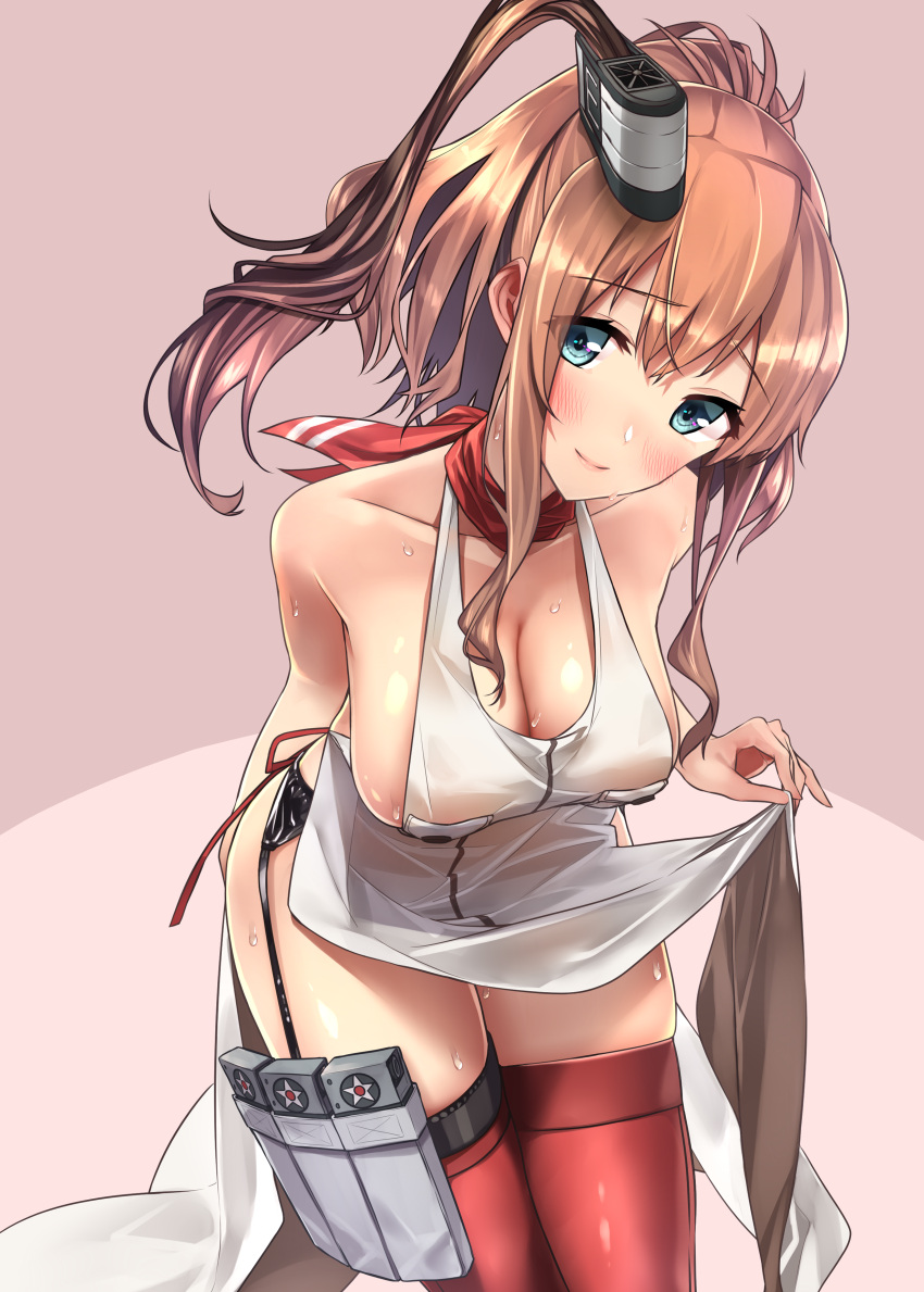 1girl absurdres adapted_costume apron baffu blue_eyes blush breast_pocket breasts brown_hair cleavage collarbone dress eyebrows_visible_through_hair funnel garter_straps highres kantai_collection large_breasts leaning_forward long_hair looking_at_viewer magazine_(weapon) naked_apron pink_background ponytail red_legwear red_neckerchief saratoga_(kantai_collection) shiny shiny_skin side_ponytail sideboob solo sweat thigh-highs thigh_strap