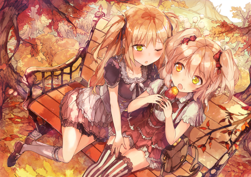 2girls :o ;o autumn_leaves bench black_dress black_legwear black_shoes blonde_hair blush breasts camomi collarbone collared_shirt commentary couple dress eating eyebrows_visible_through_hair food food_on_face frilled_dress frilled_legwear frills green_eyes hair_between_eyes hair_ribbon heterochromia holding holding_food kneehighs leaf leaning_to_the_side legs_together looking_at_another maple_leaf medium_breasts multiple_girls nature one_eye_closed open_mouth original red_ribbon ribbon shirt shoes short_sleeves sitting small_breasts striped striped_legwear sweet_potato thigh-highs twintails two_side_up vertical-striped_legwear vertical_stripes white_legwear white_ribbon white_shirt yakiimo yellow_eyes yuri
