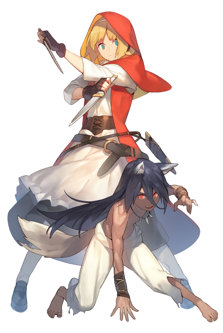 1boy 1girl absurdres animal_ears apron aqua_eyes arm_wraps barefoot belt big_bad_wolf_(grimm) black_gloves black_hair black_shoes black_skirt blonde_hair capelet dagger dual_wielding fingerless_gloves gloves grimm's_fairy_tales hair_between_eyes hairband height_difference highres jandy little_red_riding_hood little_red_riding_hood_(grimm) loafers long_hair looking_at_viewer original pants red_eyes red_hood red_vest scabbard sheath shirt shirtless shoes simple_background skirt smile tail tooth_necklace torn_clothes vest waist_apron weapon white_apron white_background white_legwear white_pants white_shirt wolf_boy wolf_ears wolf_tail