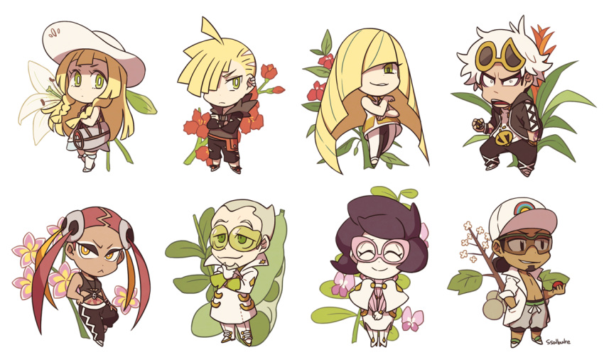 4boys 4girls arm_tattoo artist_name bag baseball_cap beans black_hair blonde_hair braid chibi commentary dark_skin flower gladio_(pokemon) gladiolus glasses gloves goggles green_eyes green_hair guzuma_(pokemon) hat kukui_(pokemon) lillie_(pokemon) lily_(flower) lusamine_(pokemon) multiple_boys multiple_girls namesake object_namesake pink-framed_eyewear pink_hair plumeri_(pokemon) plumeria poke_ball pokemon pokemon_(game) pokemon_sm sauboo_(pokemon) ssalbulre stomach_tattoo sun_hat sunglasses sunglasses_on_head tattoo white_hair wicke_(pokemon) yellow_eyes