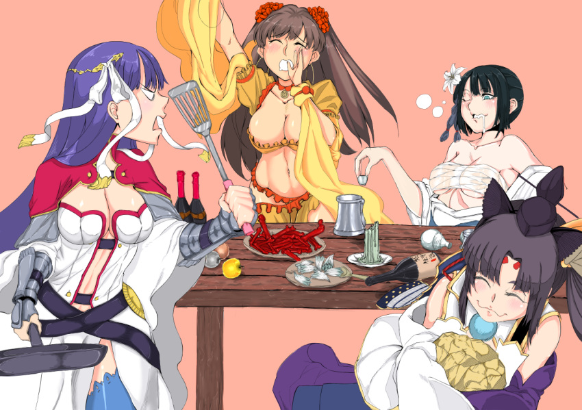 armor artist_request bangs black_hair breasts brown_hair chinese_clothes cleavage closed_eyes commentary_request detached_sleeves drunk earrings fate/grand_order fate_(series) flower hair_flower hair_ornament hanfu jewelry jing_ke_(fate/grand_order) large_breasts long_hair mata_hari_(fate/grand_order) midriff multiple_girls navel open_mouth ponytail purple_hair saint_martha smile spatula under_boob ushiwakamaru_(fate/grand_order)