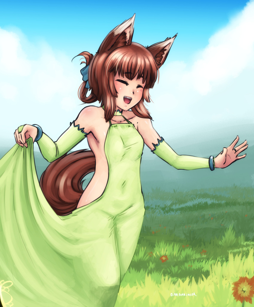 1girl :d ^_^ animal_ears armpits artist_name barbariank bare_shoulders bracelet breasts bridal_gauntlets brown_hair closed_eyes clouds dress elbow_gloves enja_niuhali eyebrows_visible_through_hair flower folded_ponytail fox_ears fox_tail gloves grass green_dress green_gloves happy highres jewelry long_hair lotte_no_omocha! nature open-back_dress open_mouth outdoors skirt_hold sky small_breasts smile solo tail