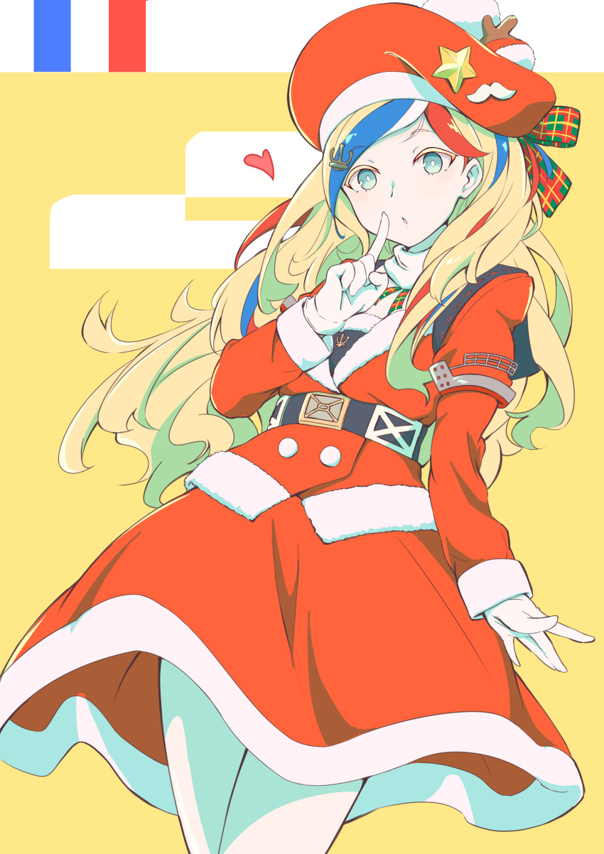 1girl absurdres anchor_hair_ornament belt beret blonde_hair blue_eyes blue_hair christmas commandant_teste_(kantai_collection) commentary_request hair_ornament hat highres jacket kantai_collection long_hair matching_hair/eyes multicolored_hair pantyhose pom_pom_(clothes) raguro redhead scarf solo streaked_hair white_hair winter_clothes