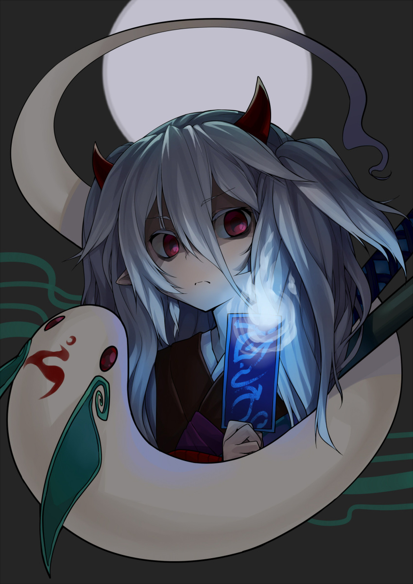 1girl demon_girl duel_monster frostcyco ghost_ogre_&amp;_snow_rabbit highres horns japanese_clothes katana kimono long_hair looking_at_viewer obi ofuda pointy_ears red_eyes sash silver_hair sword twintails weapon white_hair yu-gi-oh!
