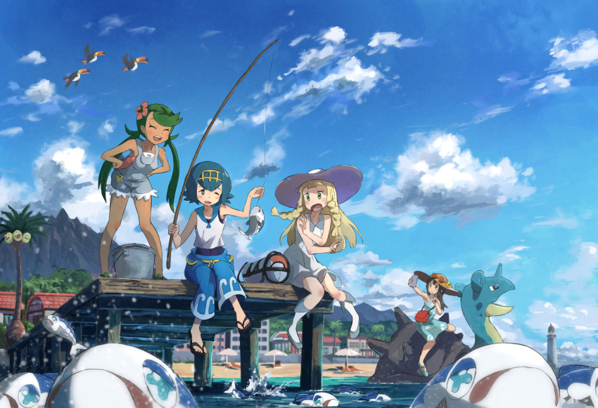 4girls :d ;d ^_^ alola_form alolan_exeggutor aqua_dress aqua_shoes bag baggy_pants bangs bare_arms bare_legs beach beach_chair beach_umbrella bird black_swimsuit blonde_hair blue_eyes blue_hair blue_pants blue_shoes blue_sky blunt_bangs blush braid breasts bright_pupils brown_hair brown_hat building capri_pants cellphone chair closed_eyes closed_mouth clouds cloudy_sky collarbone collared_dress covered_navel crop_top day dock dress eyelashes fish fishing fishing_rod flower green_eyes green_hair hair_between_eyes hair_flower hair_ornament hairband handbag hands_on_hips hat hat_flower headband hibiscus holding holding_phone horn kamemaru kneehighs knees_together_feet_apart lapras leaning_forward lighthouse lillie_(pokemon) long_hair looking_at_another mallow_(pokemon) mountain multiple_girls npc_trainer ocean one-piece_swimsuit one_eye_closed open_mouth outdoors overalls palm_tree pants phone pigeon-toed planted_umbrella poke_ball_theme pokemon pokemon_(creature) pokemon_(game) pokemon_sm riding sailor_collar sandals see-through self_shot shirt shoes sightseer_(pokemon) sitting sky sleeveless sleeveless_dress small_breasts smartphone smile spikes splashing standing strapless strapless_dress suiren_(pokemon) sun_hat sundress sunglasses swimsuit swimsuit_under_clothes tongue toucan toucannon tree trial_captain twin_braids twintails umbrella v water wavy_eyes white_dress white_hat white_legwear white_shirt window wishiwashi wood