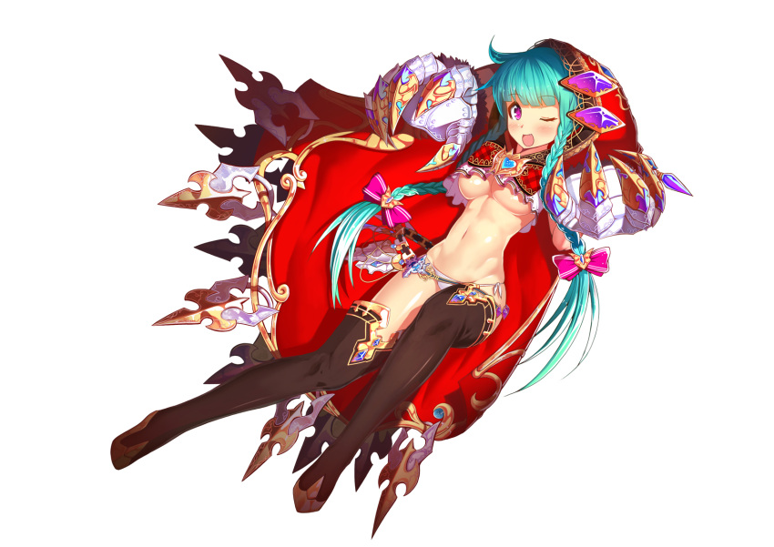 1girl aqua_hair armor bangs belt bikini_armor black_boots blunt_bangs blush boots bow braid breasts claws cloak eyebrows_visible_through_hair fang full_body gem gloves groin hand_up highres hood hooded_cloak large_breasts long_hair looking_at_viewer lowleg lowleg_panties metal_gloves navel one_eye_closed open_mouth original outstretched_hand panties pink_bow ratio_(ratio-d) red_cloak shiny shiny_hair side-tie_panties simple_background smile solo stomach striped striped_bow thigh-highs thigh_boots twin_braids underwear very_long_hair violet_eyes weapon white_background white_panties