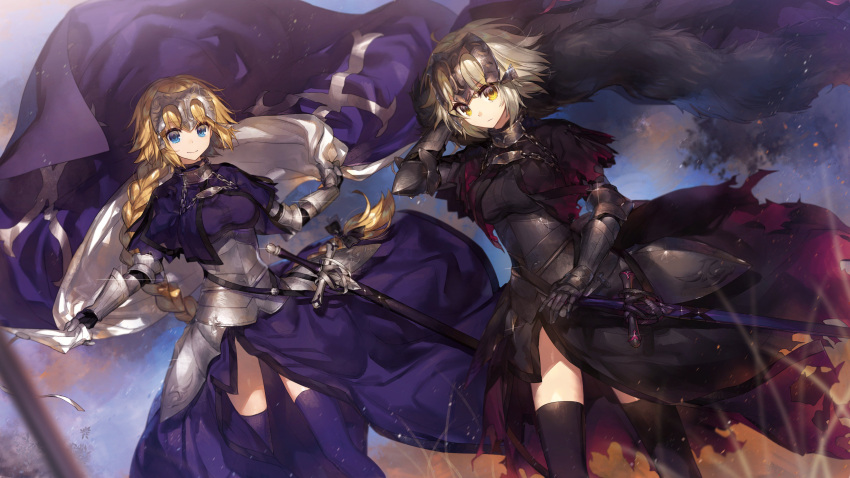 2girls absurdres armor armored_dress bangs black_bow black_dress black_legwear blonde_hair blue_eyes blue_sky blurry bow braid breasts cape cape_lift capelet chains chokoan_(tyokoa4649) day depth_of_field dress dual_persona dutch_angle expressionless eyebrows_visible_through_hair fate/grand_order fate_(series) faulds fire gauntlets glint hair_between_eyes hand_on_own_head headpiece highres jeanne_alter long_hair looking_at_viewer low-tied_long_hair medium_breasts multiple_girls outdoors outstretched_arm purple_dress purple_legwear ruler_(fate/apocrypha) sheath sheathed short_sleeves silver_hair single_braid sky smile smoke strap sword thigh-highs thighs torn_clothes torn_dress underbust very_long_hair weapon wind yellow_eyes zettai_ryouiki