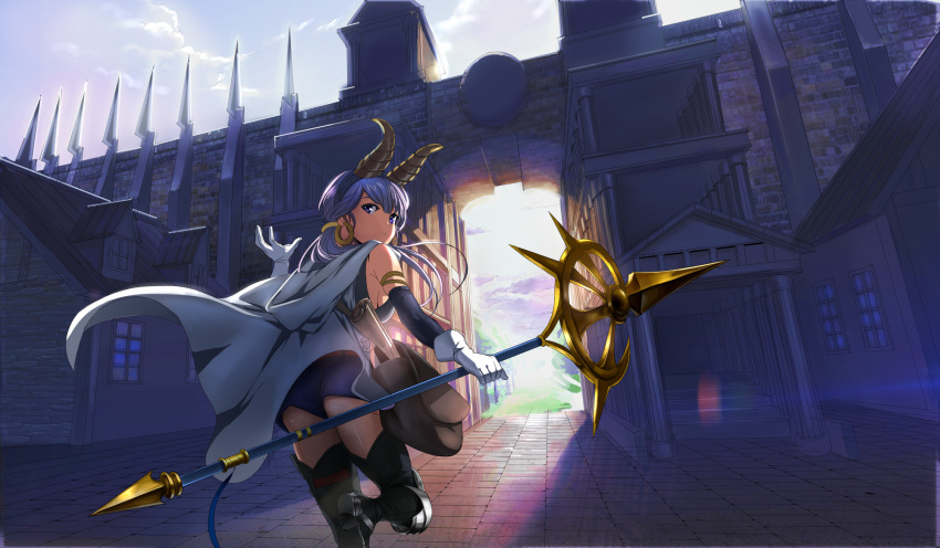 1girl bag bangs bare_shoulders black_legwear blue_eyes breasts cape cowboy_shot day detached_sleeves fantasy from_behind gate gloves highres holding holding_weapon hood hood_down horns house knee_pads long_hair looking_at_viewer looking_back medium_breasts original outdoors rejun shoulder_bag sideboob silver_hair solo staff sunlight thigh-highs weapon white_gloves
