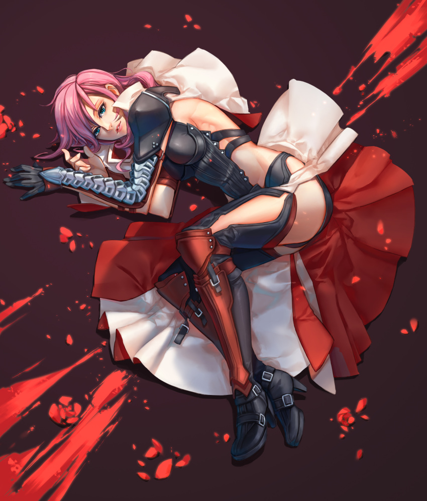 1girl absurdres armor blue_eyes cape final_fantasy final_fantasy_xiii gloves highres lightning_farron lightning_returns:_final_fantasy_xiii looking_at_viewer lying on_side parted_lips pink_hair solo splish thigh-highs
