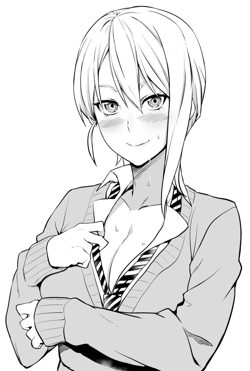1girl blush breasts cleavage collarbone collared_shirt highres large_breasts long_sleeves looking_at_viewer loose_necktie monochrome nakiri_alice necktie prime school_uniform shirt shirt_pull shokugeki_no_souma short_hair smile solo striped striped_necktie sweat sweater upper_body
