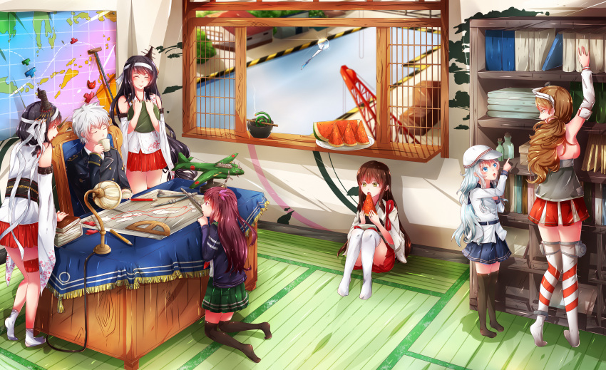 1boy 6+girls absurdres admiral_(kantai_collection) akagi_(kantai_collection) bookshelf desk farmuhan flat_cap food fruit fusou_(kantai_collection) hat headband hibiki_(kantai_collection) highres italia_(kantai_collection) jacket kantai_collection kisaragi_(kantai_collection) lamp littorio_(kantai_collection) map multiple_girls nontraditional_miko office pleated_skirt remodel_(kantai_collection) school_uniform serafuku skirt socks thigh-highs verniy_(kantai_collection) watermelon window yamashiro_(kantai_collection) zettai_ryouiki