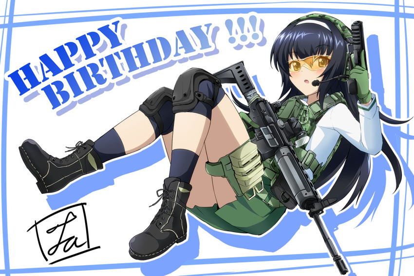 1girl armor artist_name assault_rifle bangs black_boots black_hair black_legwear blouse boots brown_eyes cz_p-09 english explosive girls_und_panzer gloves green_gloves green_skirt gun handgun headphones headset holding holster knee_pads long_hair long_sleeves looking_at_viewer lr-300 miniskirt neckerchief parted_lips pleated_skirt reizei_mako rifle school_uniform serafuku signature skirt socks solo sunglasses tactical_clothes thigh_holster tirotata trigger_discipline weapon white_blouse yellow-tinted_glasses