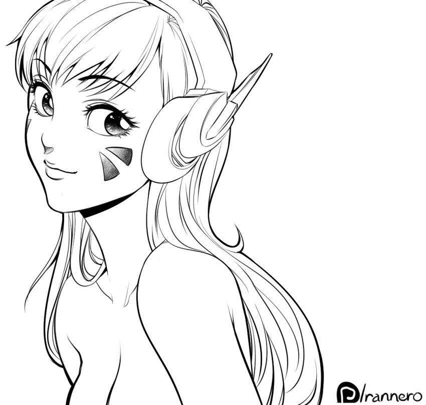 1girl breasts collarbone d.va_(overwatch) eyebrows_visible_through_hair eyelashes facepaint facial_mark female headphones hunched_over leaning_forward light_smile long_hair looking_at_viewer medium_breasts monochrome nude overwatch patreon_username rannero side_glance simple_background sketch solo topless upper_body watermark whisker_markings white_background