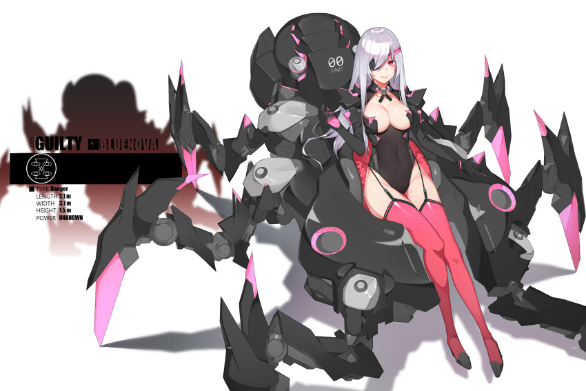 1girl bangs black_gloves black_leotard black_shoes blush breastless_clothes breasts cleavage collarbone covered_navel eyelashes eyepatch full_body garter_straps gloves gluteal_fold gradient groin height highres leotard lips long_hair looking_at_viewer machinery medium_breasts number original parted_lips pink_legwear shadow shoes silver_hair sitting smile solo stats thigh-highs thigh_gap white_background yykuaixian