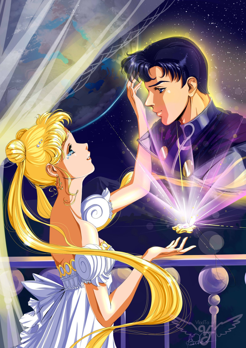 1boy 1girl anime_coloring arm_up bare_shoulders bishoujo_senshi_sailor_moon black_hair blonde_hair chiba_mamoru curtains detached_sleeves double_bun dress earrings endymion floating_object from_side highres jewelry long_hair looking_at_another princess_serenity profile short_sleeves signature tsukino_usagi twintails very_long_hair vladta watermark white_dress