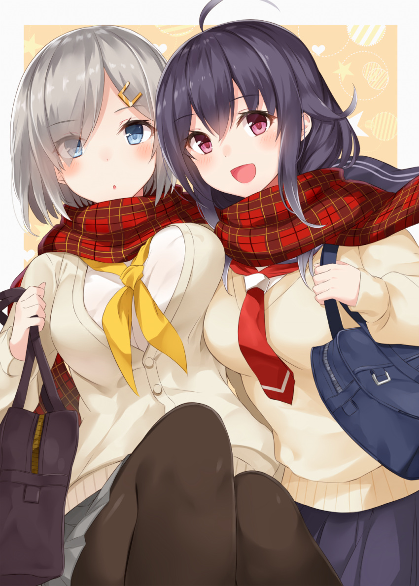2girls :d bag black_legwear blue_eyes breast_press breasts cardigan chestnut_mouth hair_flaps hair_ornament hair_over_one_eye hairclip hamakaze_(kantai_collection) highres kantai_collection large_breasts long_hair looking_at_viewer low_twintails multiple_girls note_(aoiro_clip) open_mouth pantyhose plaid plaid_scarf purple_hair red_eyes scarf school_bag school_uniform serafuku short_hair silver_hair smile sweater taigei_(kantai_collection) twintails