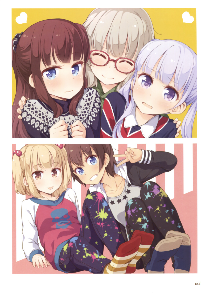 5girls :p ^_^ absurdres arm_support blue_eyes blush brown_hair casual closed_eyes denim feet girl_sandwich glasses grin hair_bobbles hair_ornament hair_scrunchie hazuki_shizuku highres hood hoodie iijima_yun jeans lavender_eyes lavender_hair light_brown_hair multiple_girls new_game! no_shoes open_mouth orange_background paint_splatter pants print_shirt raglan_sleeves red-framed_eyewear red_background sandwiched scan scrunchie shinoda_hajime shirt side-by-side sitting skull_print smile socks soles star star_print striped striped_legwear suzukaze_aoba sweatdrop sweater takimoto_hifumi tokunou_shoutarou tongue tongue_out turtleneck two_side_up v vertical-striped_background vertical_stripes wavy_mouth yellow_eyes