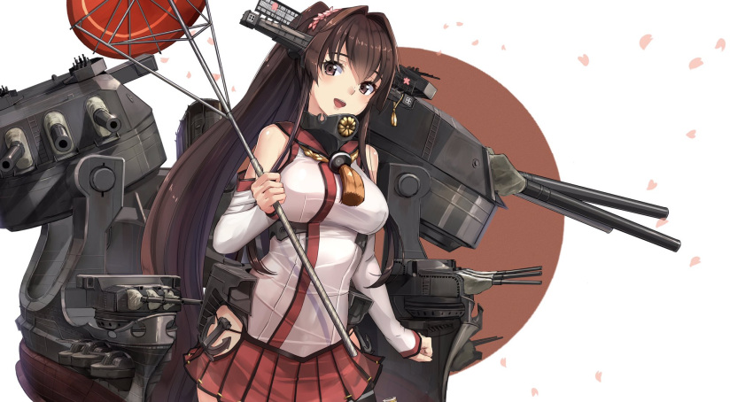 1girl :d akasaai anchor bangs breasts brown_eyes brown_hair cannon detached_sleeves eyebrows_visible_through_hair hair_between_eyes hand_up highres holding holding_umbrella japanese_clothes japanese_flag kantai_collection large_breasts long_hair looking_at_viewer open_mouth oriental_umbrella petals pleated_skirt ponytail red_skirt shirt skirt sleeveless sleeveless_shirt smile solo teeth umbrella white_background yamato_(kantai_collection)
