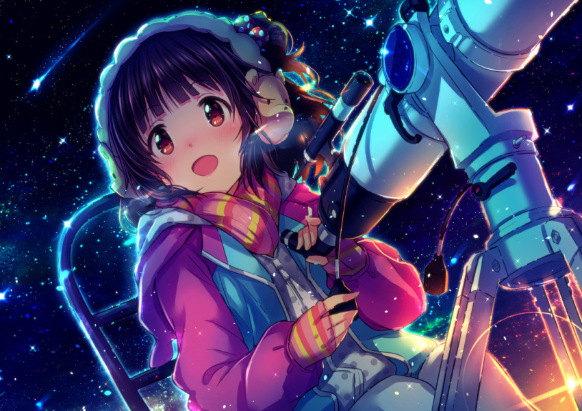 1girl :d animal_earmuffs bangs bear black_hair blunt_bangs blush breath brown_eyes cold dutch_angle earmuffs fingerless_gloves flat_chest gloves hair_ornament holding hood hood_down hooded_jacket idolmaster idolmaster_million_live! ima_(lm_ew) jacket light_particles long_sleeves looking_up nakatani_iku night night_sky one_side_up open_clothes open_jacket open_mouth pants pink_scarf polka_dot scarf short_hair sitting sky smile solo star_(sky) telescope twilight white_pants zipper