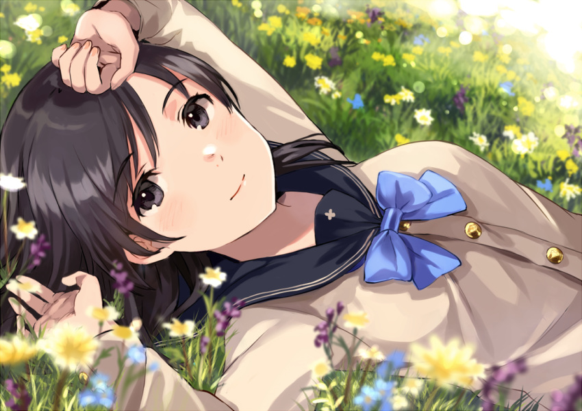 1girl arms_up black_eyes black_hair blue_bow bow breasts closed_mouth commentary_request eyebrows_visible_through_hair field fingernails flower flower_field hand_on_forehead light_smile long_sleeves looking_at_viewer lying medium_breasts on_back on_grass original outdoors school_uniform serafuku solo tan_(tangent) upper_body