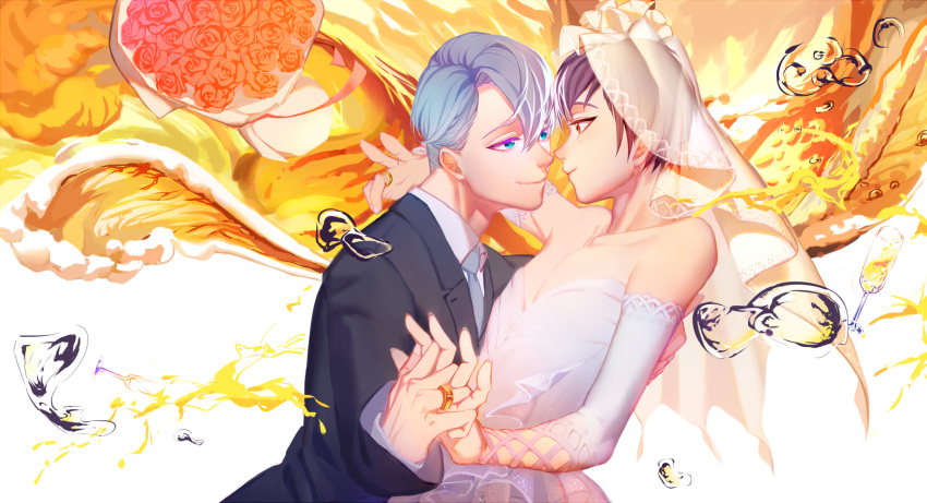 2boys bare_shoulders blue_eyes bouquet bride brown_eyes brown_hair champagne_flute crossdressinging cup dress drinking_glass eye_contact flower formal grey_necktie groom hand_holding highres husband_and_husband jewelry katsuki_yuuri looking_at_another male_focus multiple_boys necktie otsuatsushi ring silver_hair smile spill suit viktor_nikiforov wedding_dress yaoi yuri!!!_on_ice