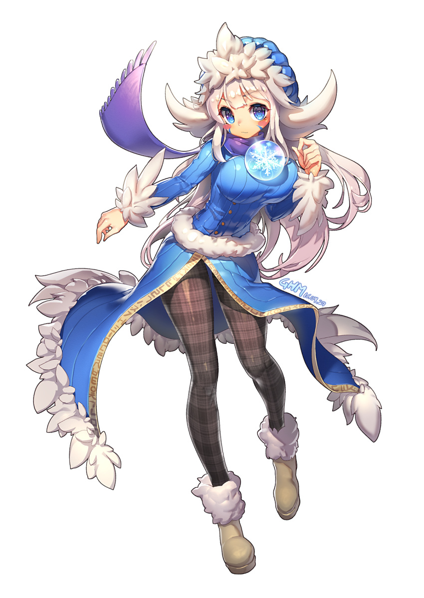 1girl artist_name blue_dress blue_eyes blush blush_stickers boots breasts buttons closed_mouth dated dress eyebrows_visible_through_hair facial_mark full_body fur-lined_boots fur-trimmed_skirt fur-trimmed_sleeves fur_boots fur_hat fur_trim hair hand_up hat highres large_breasts legs_apart looking_at_viewer muloli original pantyhose print_legwear purple_scarf scarf showgirl_skirt simple_background snowflakes solo sphere standing standing_on_one_leg wavy_mouth white_background white_hair