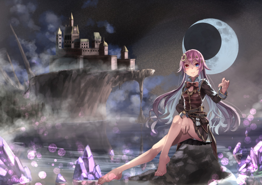 1girl barefoot belt blue_eyes blush bow bowtie castle cleavage_cutout cliff crescent crescent_hair_ornament crescent_moon crystal dark fantasy fog gradient_hair hair_ornament hand_gesture hand_up heterochromia horizon light_particles looking_at_viewer moon multicolored_hair night night_sky ocean original pleated_skirt pouch purple_hair red_eyes rock saraki scenery sitting skirt sky smile solo water