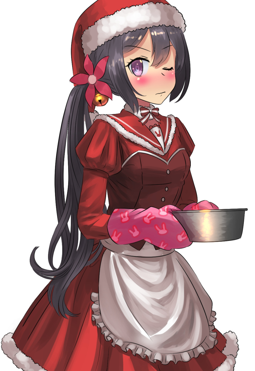 1girl akebono_(kantai_collection) ao_iro apron bell blush breasts corset flower fur_trim hair_bell hair_flower hair_ornament hat highres jingle_bell juliet_sleeves kantai_collection long_hair long_sleeves looking_at_viewer mittens pot puffy_sleeves purple_hair sailor_collar santa_costume santa_hat side_ponytail small_breasts solo very_long_hair violet_eyes waist_apron wince