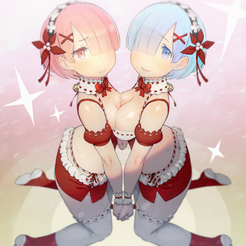 2girls adapted_costume asymmetrical_docking bare_shoulders blue_eyes boots bow breast_press breasts christmas dimples_of_venus hair_ornament hand_holding medium_breasts multiple_girls pink_crown pink_eyes pink_hair ram_(re:zero) re:zero_kara_hajimeru_isekai_seikatsu red_boots red_bow red_clothes rem_(re:zero) santa_costume short_hair siblings sisters small_breasts symmetrical_docking thigh-highs twins x_hair_ornament