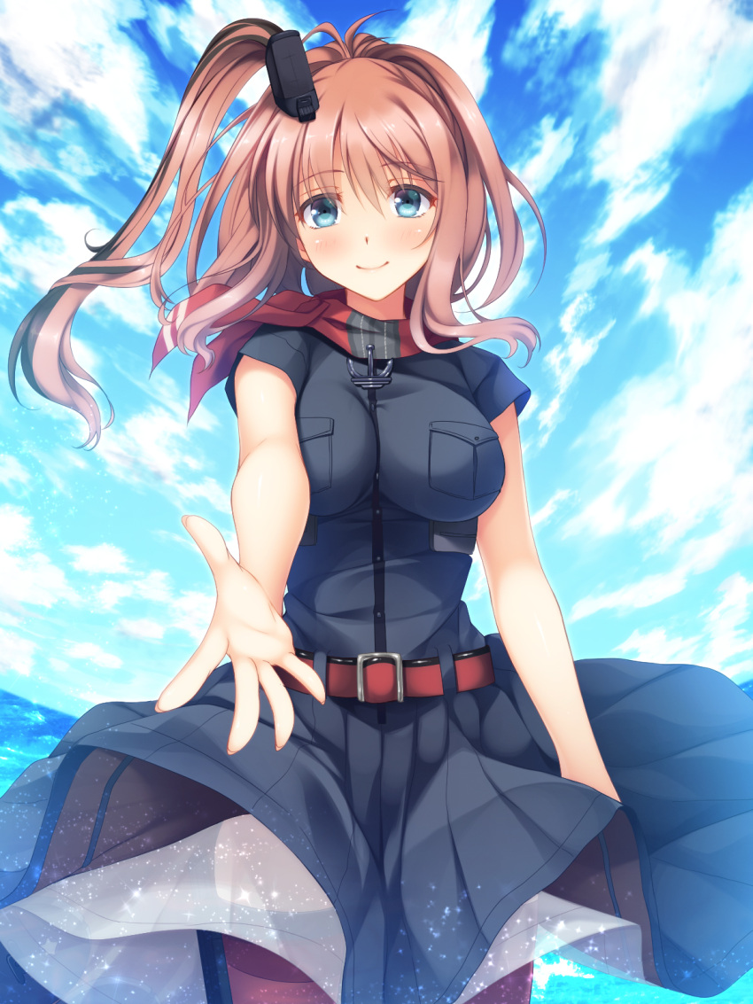 1girl anchor belt belt_buckle black_dress blue_eyes breast_pocket breasts brown_hair buckle dress drum_magazine foreshortening highres imachireki kantai_collection large_breasts long_hair looking_at_viewer magazine_(weapon) ponytail red_ascot red_legwear remodel_(kantai_collection) saratoga_(kantai_collection) side_ponytail skirt smile thigh-highs underskirt white_skirt