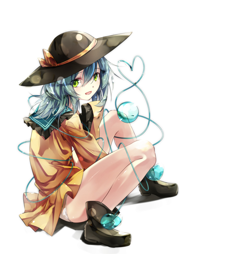 1girl ankle_boots aqua_hair bare_legs between_legs boots brown_boots frilled_shirt_collar frilled_sleeves frills from_side full_body gorilla_(bun0615) green_eyes hand_between_legs heart heart_of_string highres knees_up komeiji_koishi legs_apart long_sleeves looking_at_viewer looking_to_the_side no_pants panties pantyshot pantyshot_(sitting) sailor_collar shirt short_hair simple_background sitting sleeves_past_wrists solo touhou transparent underwear white_background white_panties yellow_shirt