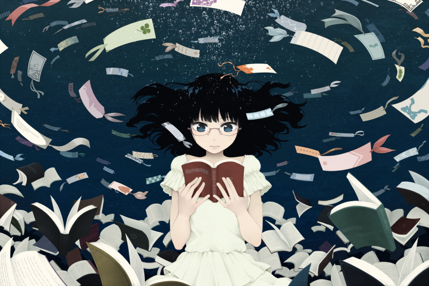 1girl air_bubble black_hair blue_eyes book bookmark bubble commentary dress floating_hair glasses holding holding_book long_hair original reading serious solo surreal underwater upper_body white_dress yajirushi_(chanoma)