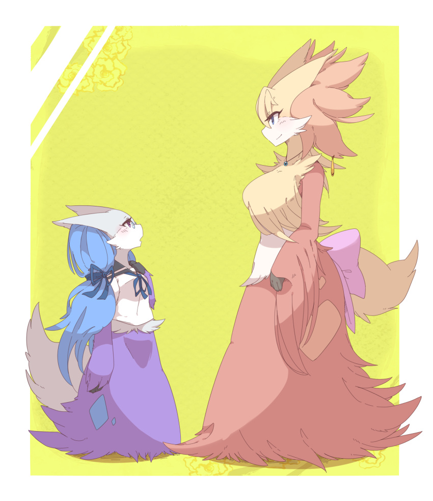 2girls blue_hair commentary_request delphox furry glasses highres long_hair multiple_girls no_humans oppai_751 personification pokemon size_difference