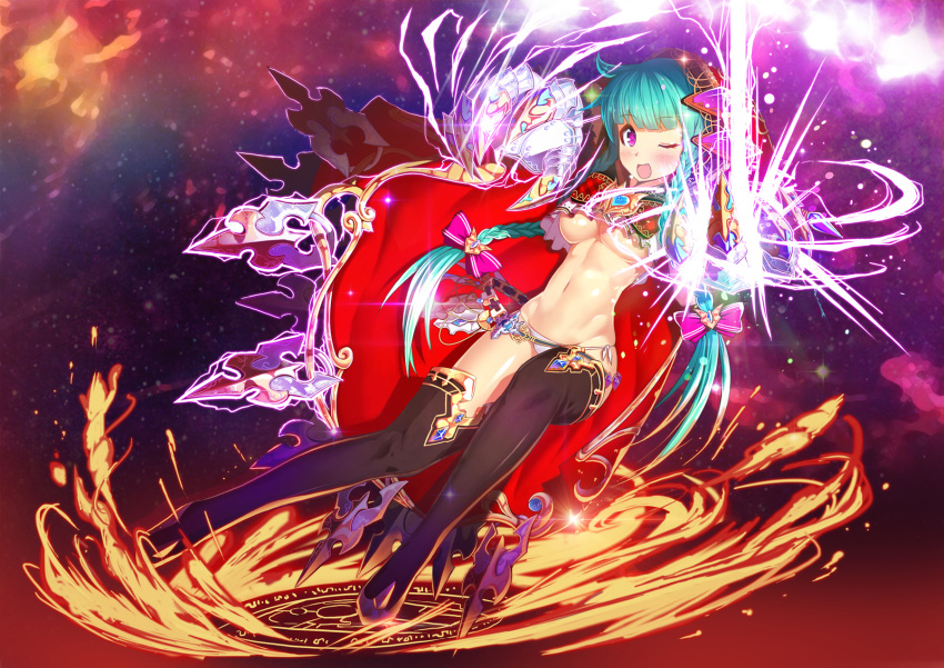 1girl aqua_hair armor bangs belt bikini_armor black_boots blunt_bangs blush boots bow braid breasts claws cloak electricity eyebrows_visible_through_hair fang fire full_body gem glint gloves glowing groin hand_up highres hood hooded_cloak large_breasts long_hair looking_at_viewer lowleg lowleg_panties magic_circle metal_gloves navel one_eye_closed open_mouth original outstretched_hand panties pink_bow ratio_(ratio-d) red_cloak shiny shiny_hair side-tie_panties smile solo sparkle stomach striped striped_bow thigh-highs thigh_boots twin_braids underwear very_long_hair violet_eyes weapon white_panties