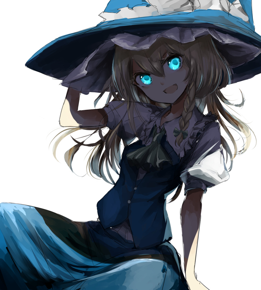 1girl :d adjusting_clothes adjusting_hat blonde_hair blue_eyes bow braid buttons hair_bow hat hat_bow highres kirisame_marisa long_hair open_mouth puffy_sleeves short_sleeves side_braid simple_background single_braid sitting smile solo tosk_(swav-coco) touhou white_background white_bow witch_hat