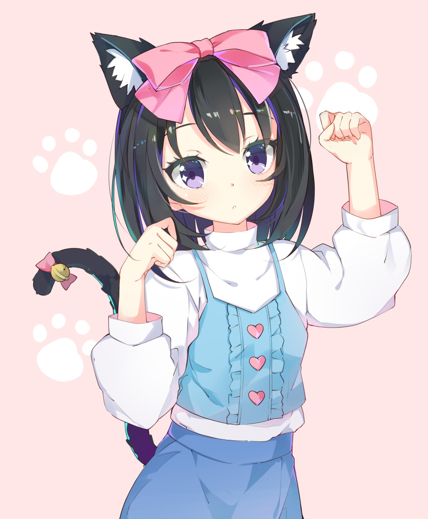 1girl :c absurdres animal_ears arm_up bangs bell black_hair blue_skirt blush bow camisole cat_ears cat_tail center_frills clenched_hands cowboy_shot eyebrows_visible_through_hair hair_bow hand_up heart heart_print highres kikistark long_hair looking_at_viewer original paw_pose paw_print pink_background pink_bow shirt skirt solo standing tail tail_bell tail_bow violet_eyes white_shirt