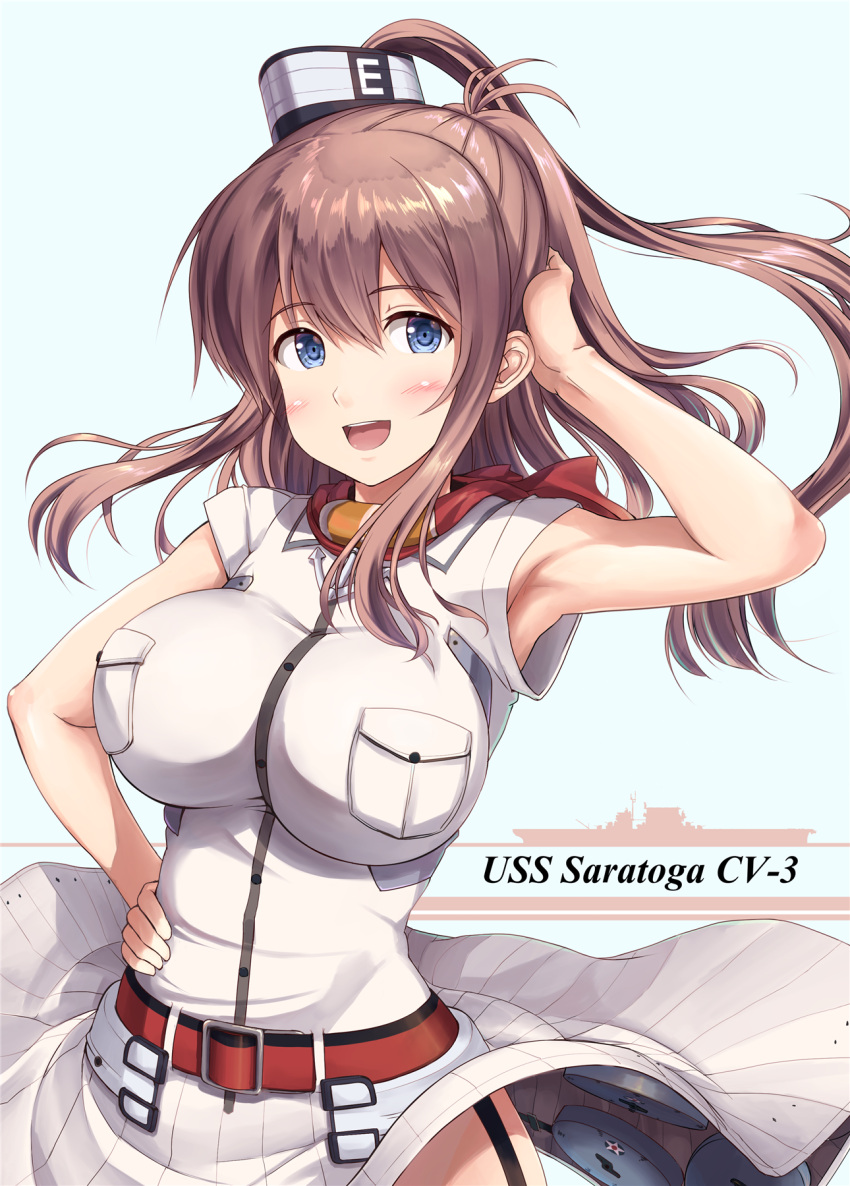 1girl :d ahoge armpits belt_buckle blouse blue_background blue_eyes blush breast_pocket breasts brown_hair buckle character_name dress drum_magazine eyebrows_visible_through_hair funnel garter_straps hand_in_hair hand_on_hip highres ichikawa_feesu kantai_collection large_breasts long_hair looking_at_viewer magazine_(weapon) open_mouth ponytail red_belt red_neckerchief saratoga_(kantai_collection) side_ponytail simple_background skirt skirt_lift smile solo white_blouse white_dress wind wind_lift